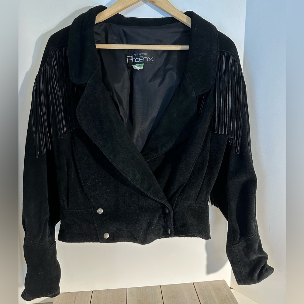 Vintage Phoenix Women's Black Suede Fringe cropped jacket made in USA SZ S
